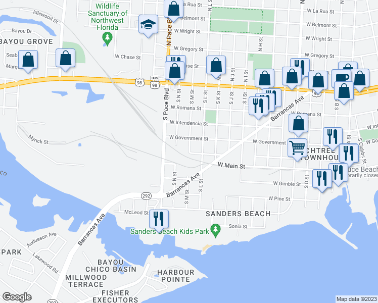 map of restaurants, bars, coffee shops, grocery stores, and more near 401 South M Street in Pensacola