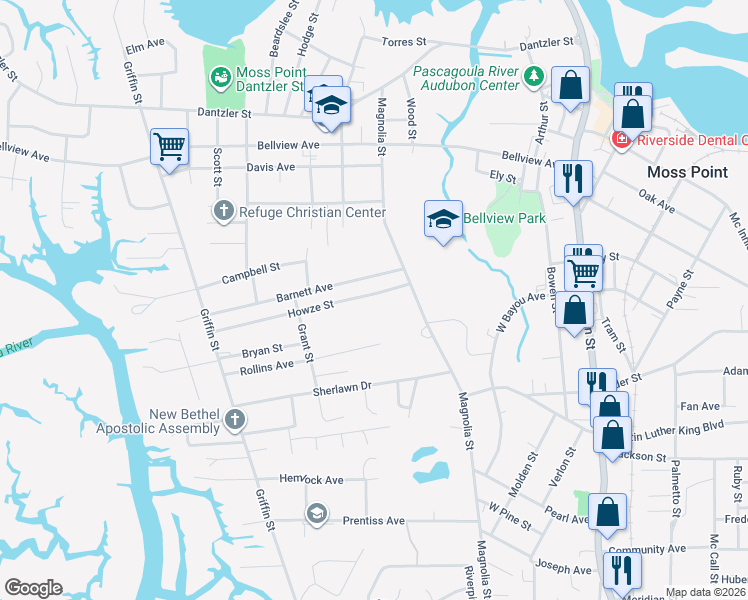 map of restaurants, bars, coffee shops, grocery stores, and more near 3734 Howze Street in Moss Point