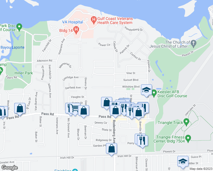 map of restaurants, bars, coffee shops, grocery stores, and more near 1716 James Buchanan Drive in Biloxi