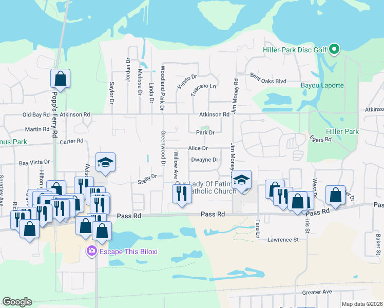 map of restaurants, bars, coffee shops, grocery stores, and more near 2156 Dwayne Drive in Biloxi