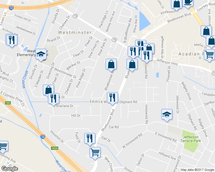 map of restaurants, bars, coffee shops, grocery stores, and more near 4655 Bluebonnet Road in Baton Rouge