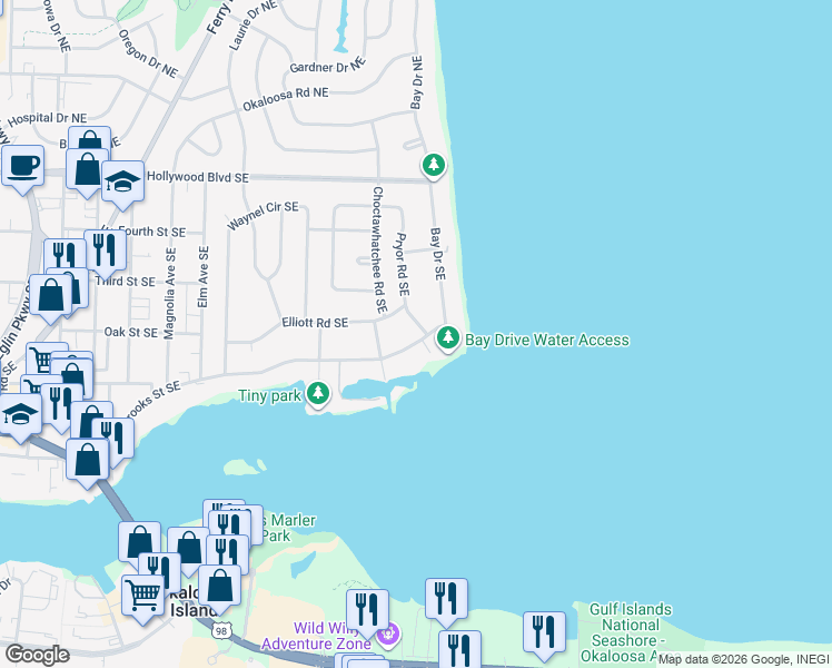 map of restaurants, bars, coffee shops, grocery stores, and more near 363 Brooks Street Southeast in Fort Walton Beach