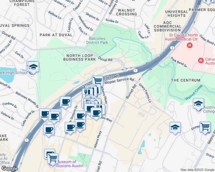 map of restaurants, bars, coffee shops, grocery stores, and more near 11901 North Mopac Expressway in Austin