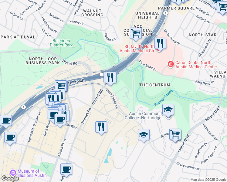 map of restaurants, bars, coffee shops, grocery stores, and more near 2700 Gracy Farms Lane in Austin