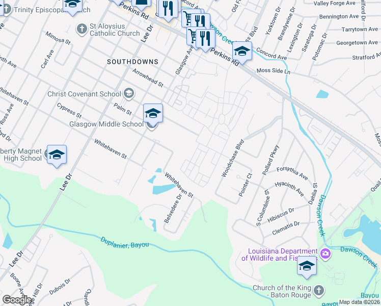 map of restaurants, bars, coffee shops, grocery stores, and more near 1700 Dauphine Street in Baton Rouge