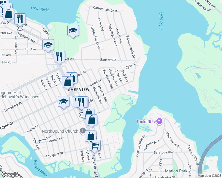 map of restaurants, bars, coffee shops, grocery stores, and more near 8973 Jackson Avenue in Jacksonville