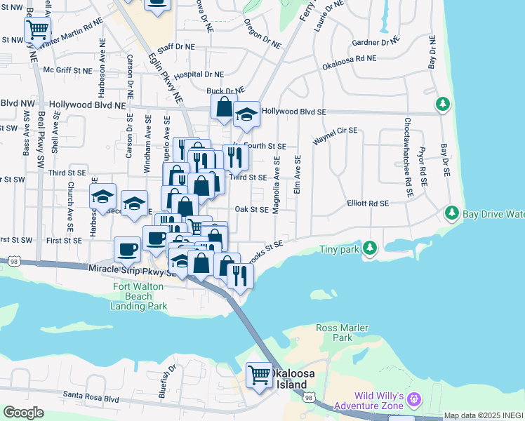 map of restaurants, bars, coffee shops, grocery stores, and more near 210 Oak Street Southeast in Fort Walton Beach
