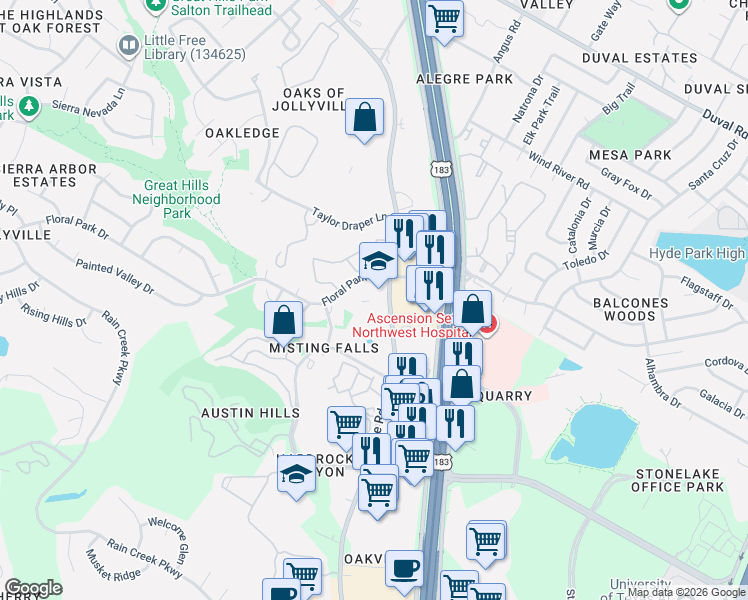 map of restaurants, bars, coffee shops, grocery stores, and more near 11100 Jollyville Road in Austin