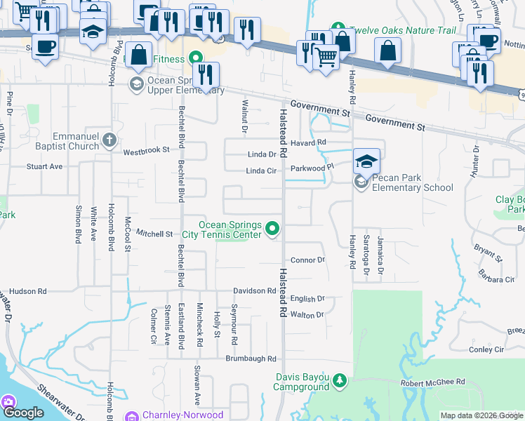 map of restaurants, bars, coffee shops, grocery stores, and more near 218 Woodland Circle in Ocean Springs