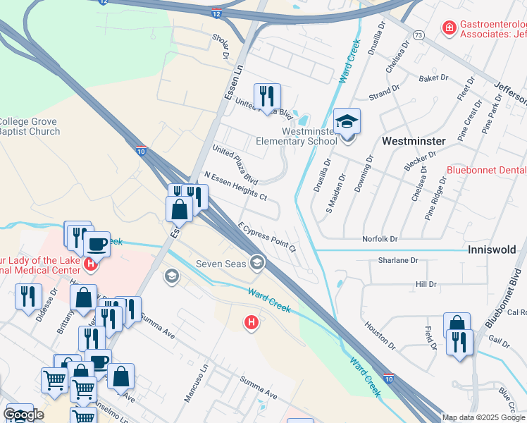 map of restaurants, bars, coffee shops, grocery stores, and more near 8525 South Essen Heights Court in Baton Rouge