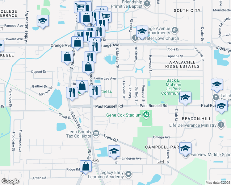 map of restaurants, bars, coffee shops, grocery stores, and more near 3016 South Meridian Street in Tallahassee