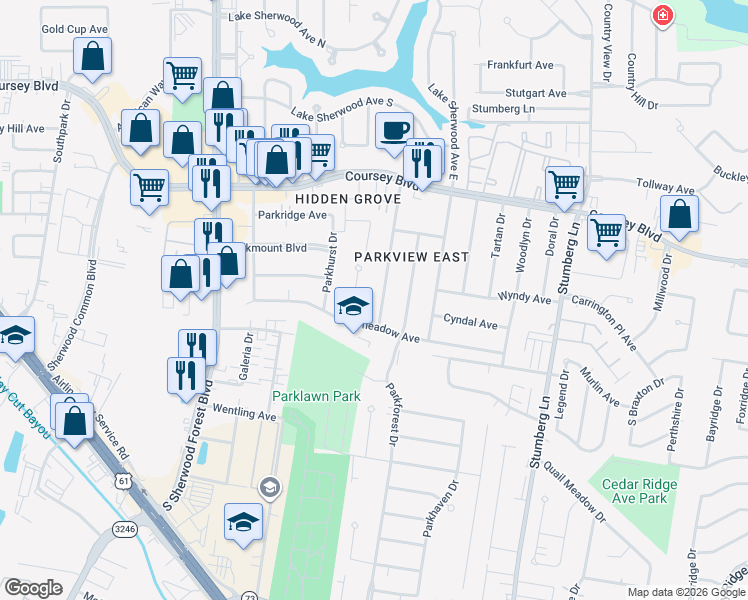 map of restaurants, bars, coffee shops, grocery stores, and more near 5027 Parkhollow Drive in Baton Rouge
