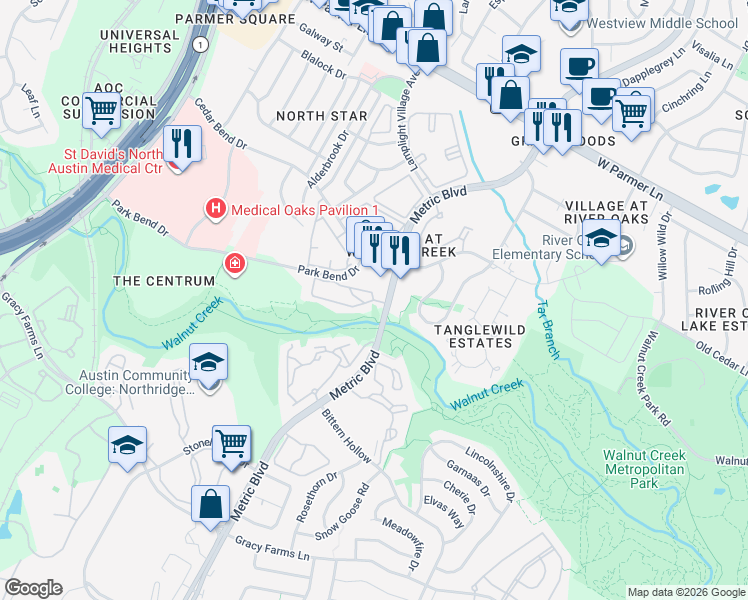 map of restaurants, bars, coffee shops, grocery stores, and more near 12166 Metric Boulevard in Austin