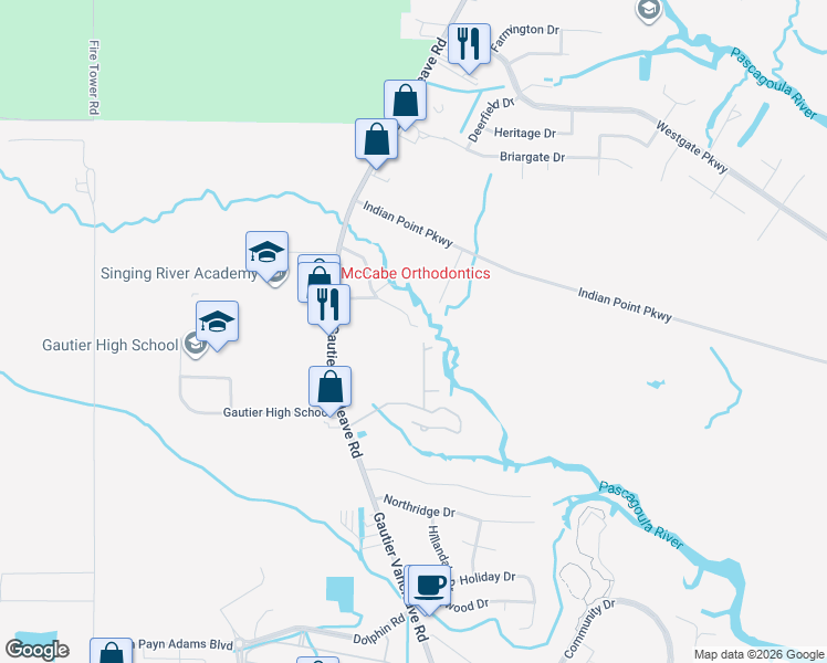 map of restaurants, bars, coffee shops, grocery stores, and more near 2618 Glenheath Drive in Gautier