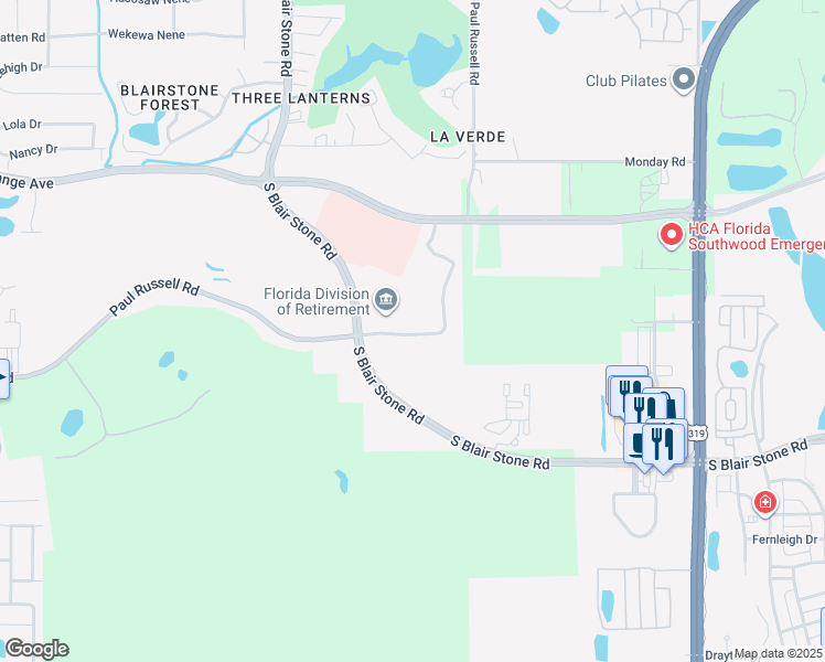 map of restaurants, bars, coffee shops, grocery stores, and more near 3185 South Blair Stone Road in Tallahassee