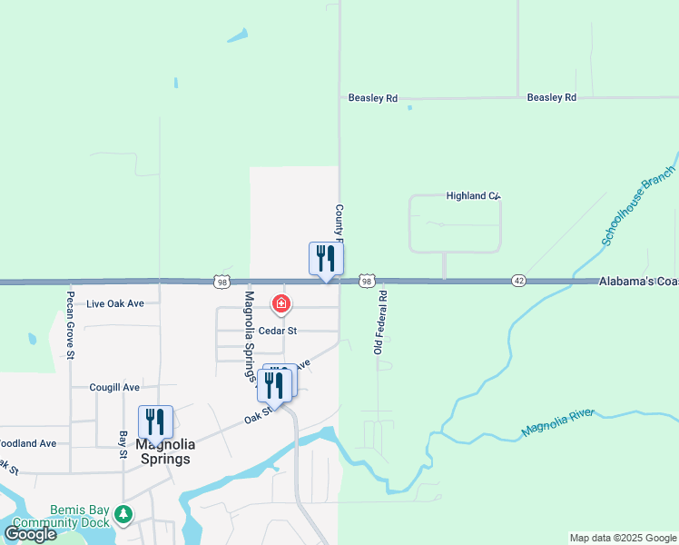 map of restaurants, bars, coffee shops, grocery stores, and more near 12501 County Road 49 South in Foley