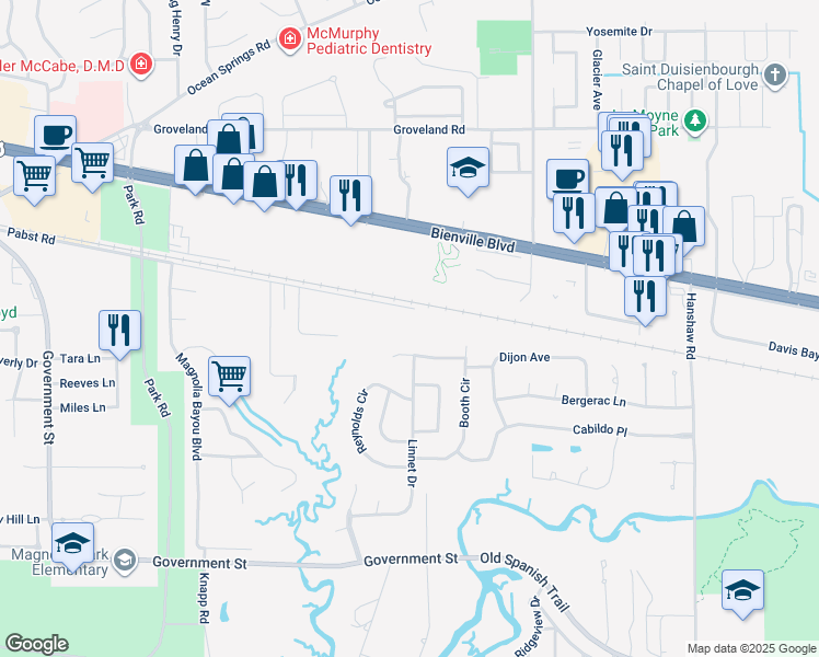 map of restaurants, bars, coffee shops, grocery stores, and more near in Ocean Springs