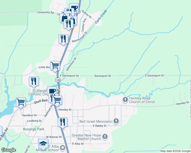 map of restaurants, bars, coffee shops, grocery stores, and more near 51 Castelin Avenue in Bayou La Batre