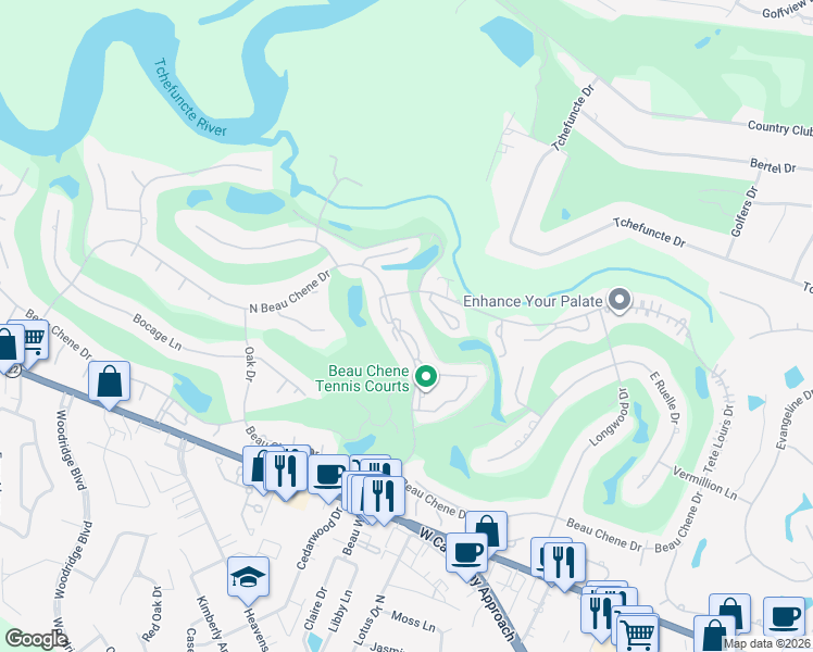 map of restaurants, bars, coffee shops, grocery stores, and more near 645 North Beau Chene Drive in Mandeville