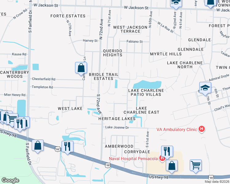 map of restaurants, bars, coffee shops, grocery stores, and more near 365 Arabian Circle in Pensacola