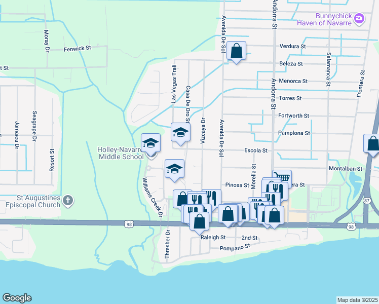 map of restaurants, bars, coffee shops, grocery stores, and more near 8051 Escola Street in Navarre