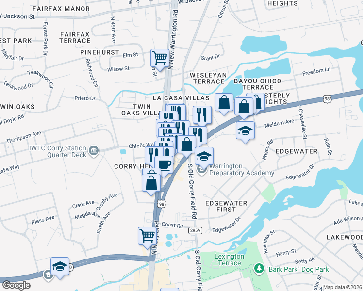 map of restaurants, bars, coffee shops, grocery stores, and more near 2 North Old Corry Field Road in Pensacola