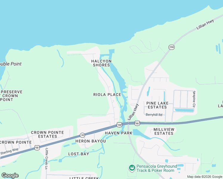 map of restaurants, bars, coffee shops, grocery stores, and more near 560 Riola Place in Pensacola