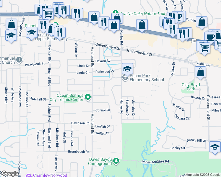 map of restaurants, bars, coffee shops, grocery stores, and more near 446 Whispering Pine Drive in Ocean Springs
