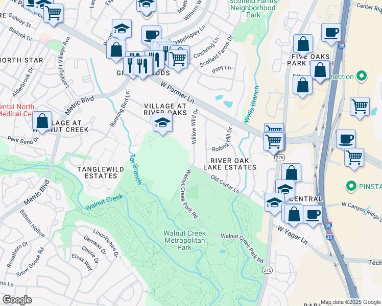 map of restaurants, bars, coffee shops, grocery stores, and more near 12300 Willow Wild Drive in Austin