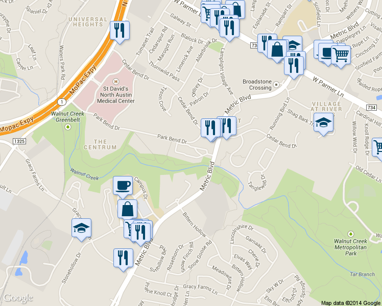 map of restaurants, bars, coffee shops, grocery stores, and more near 12166 Metric Boulevard in Austin