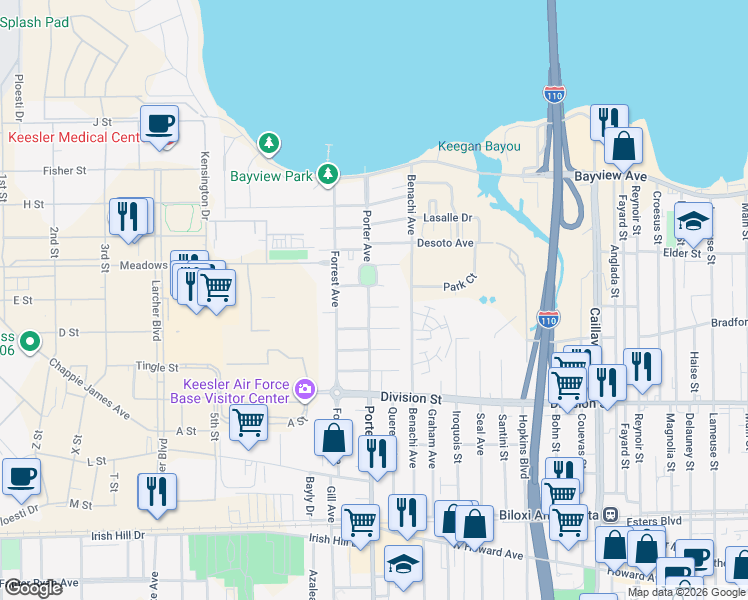 map of restaurants, bars, coffee shops, grocery stores, and more near 362 Porter Avenue in Biloxi