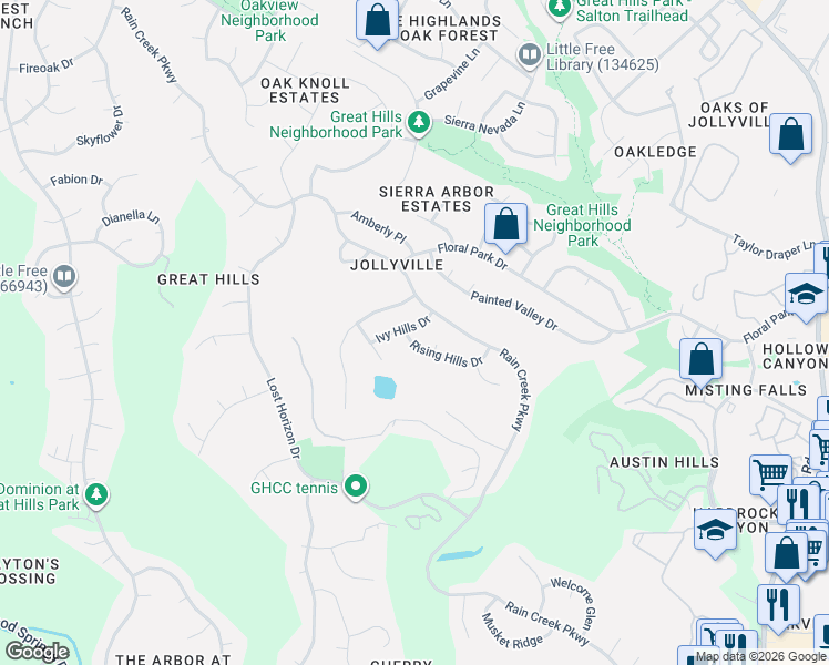 map of restaurants, bars, coffee shops, grocery stores, and more near 5907 Ivy Hills Drive in Austin