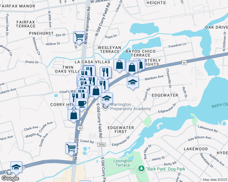 map of restaurants, bars, coffee shops, grocery stores, and more near 4101 West Navy Boulevard in Pensacola
