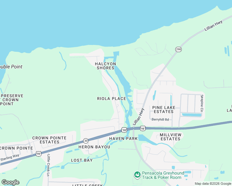 map of restaurants, bars, coffee shops, grocery stores, and more near 560 Riola Place in Pensacola