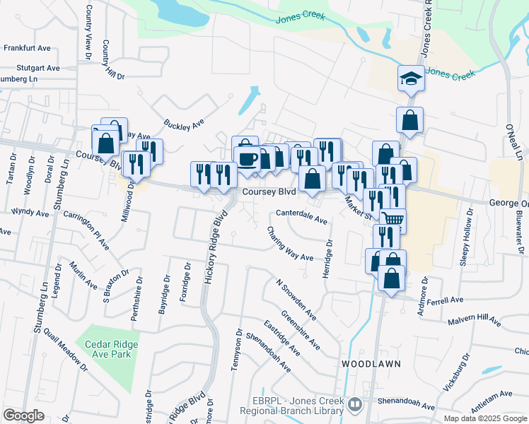 map of restaurants, bars, coffee shops, grocery stores, and more near 5107 Canterdale Avenue in Baton Rouge