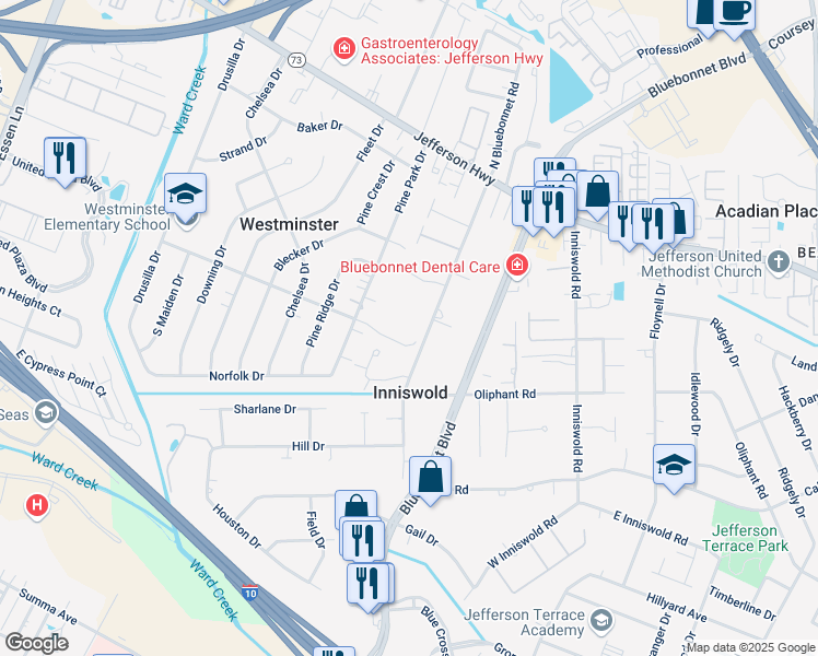 map of restaurants, bars, coffee shops, grocery stores, and more near 4655 Bluebonnet Road in Baton Rouge
