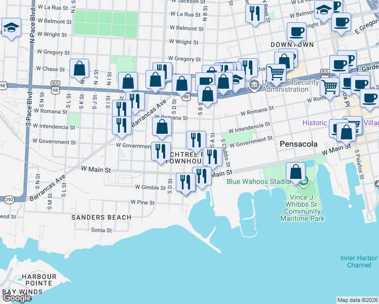 map of restaurants, bars, coffee shops, grocery stores, and more near 960 West Zarragossa Street in Pensacola