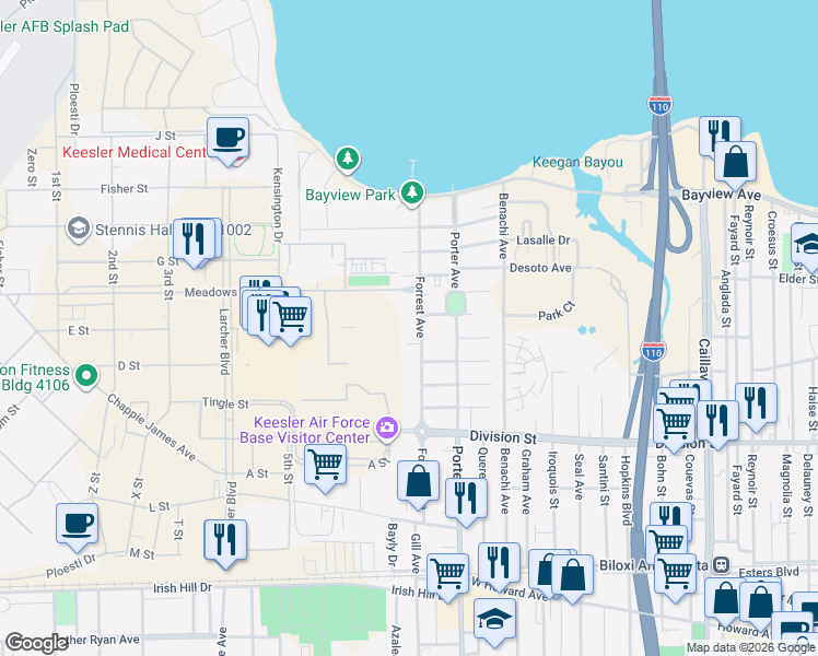 map of restaurants, bars, coffee shops, grocery stores, and more near 347 Forrest Avenue in Biloxi