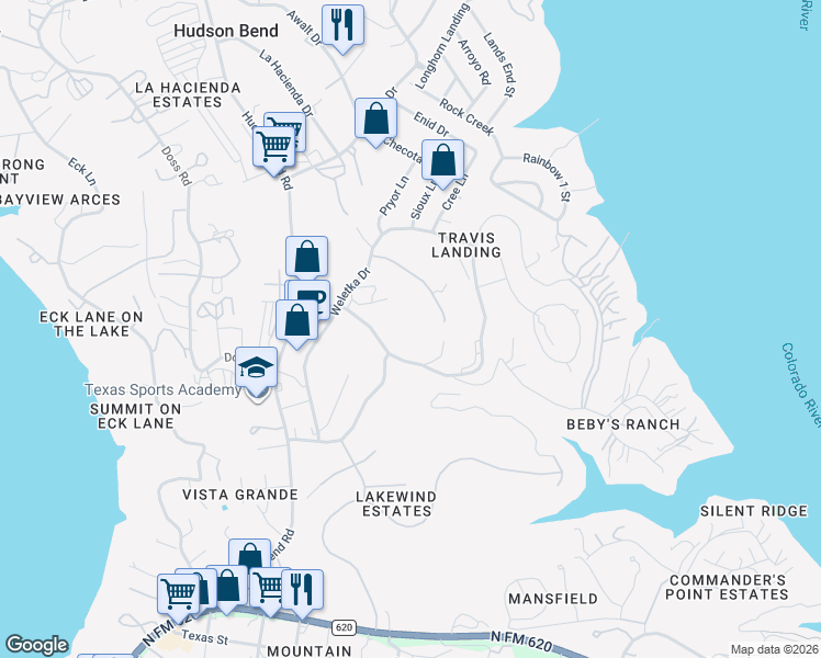 map of restaurants, bars, coffee shops, grocery stores, and more near 15301 McCormick Avenida Point in Austin