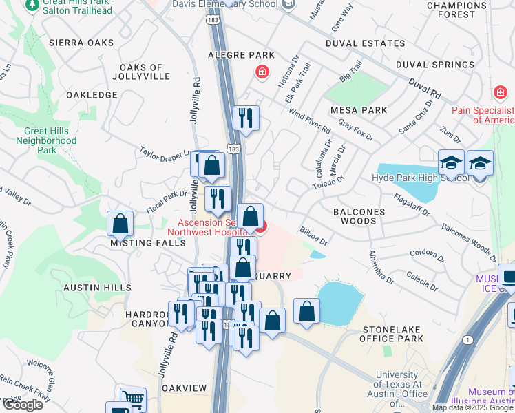 map of restaurants, bars, coffee shops, grocery stores, and more near 11149 Research Boulevard in Austin