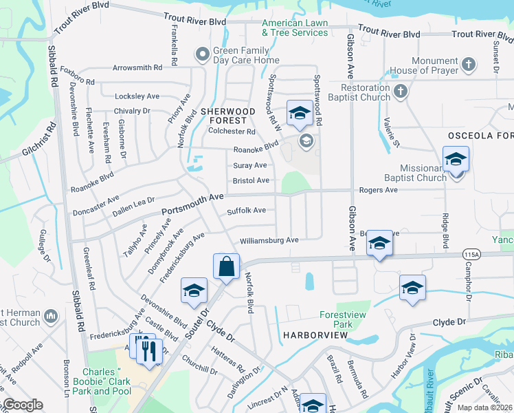 map of restaurants, bars, coffee shops, grocery stores, and more near 4629 Suffolk Avenue in Jacksonville