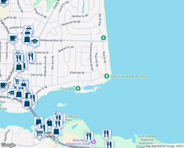 map of restaurants, bars, coffee shops, grocery stores, and more near 351 Brooks Street Southeast in Fort Walton Beach