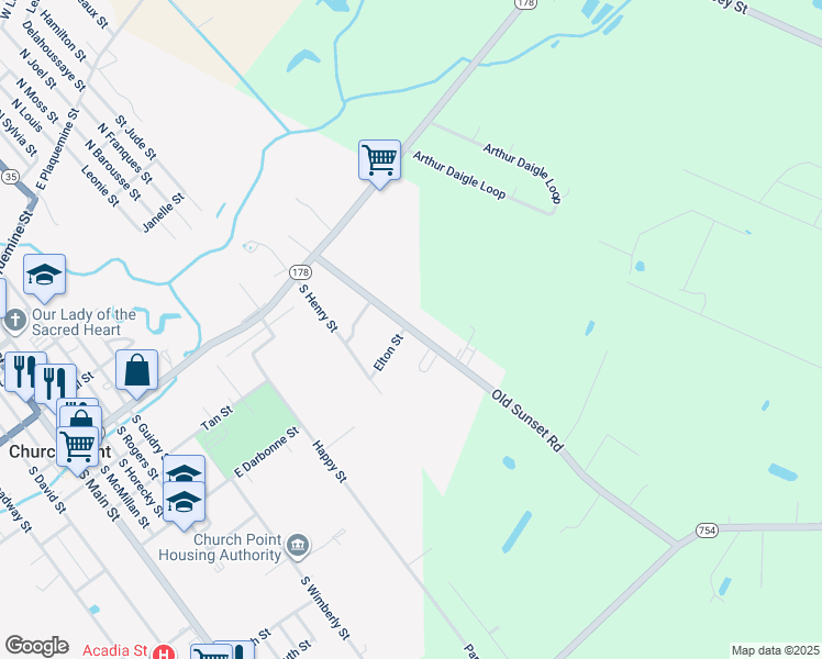 map of restaurants, bars, coffee shops, grocery stores, and more near 204 Old Sunset Road in Church Point