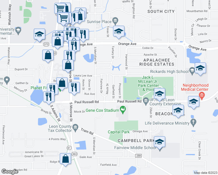 map of restaurants, bars, coffee shops, grocery stores, and more near 3017 Mock Drive in Tallahassee