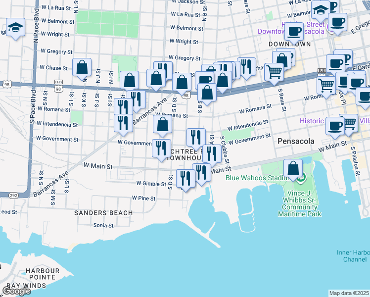 map of restaurants, bars, coffee shops, grocery stores, and more near 960 West Zarragossa Street in Pensacola