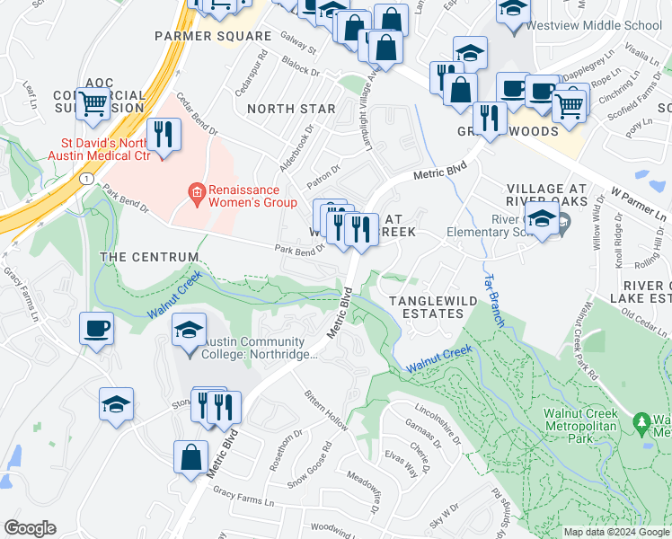 map of restaurants, bars, coffee shops, grocery stores, and more near 12166 Metric Boulevard in Austin