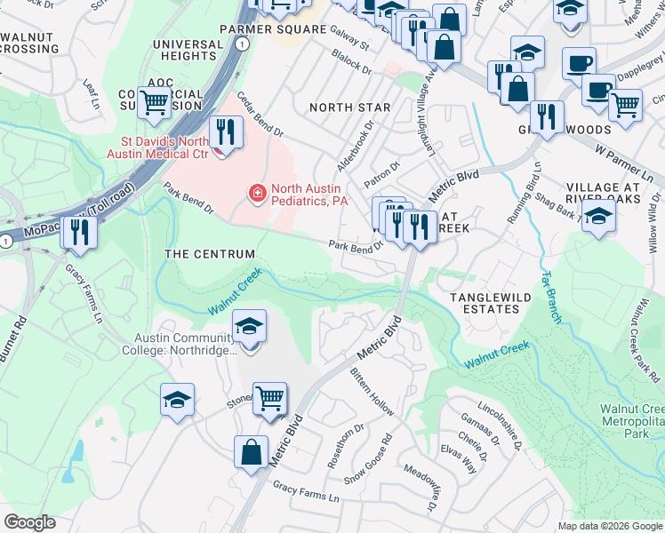 map of restaurants, bars, coffee shops, grocery stores, and more near 12152 Metric Boulevard in Austin
