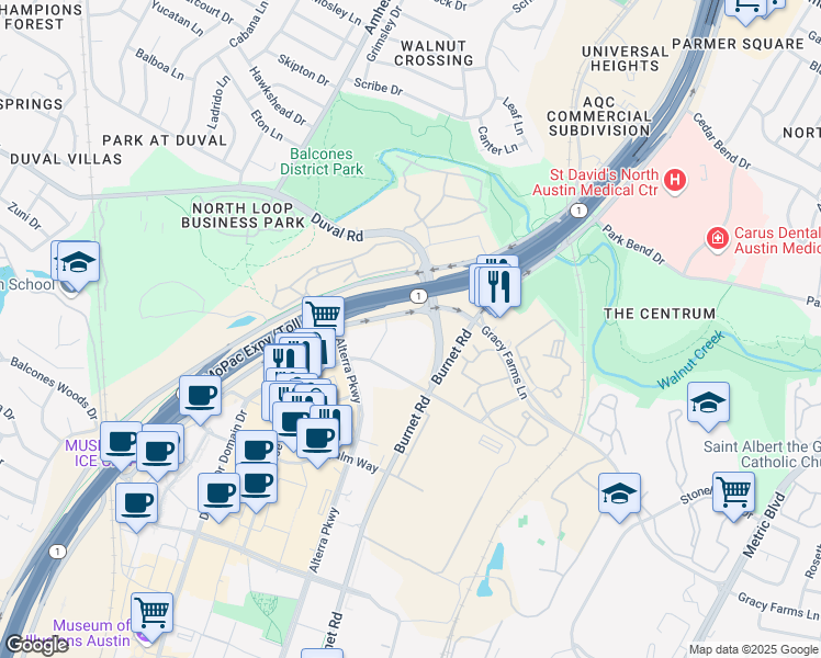 map of restaurants, bars, coffee shops, grocery stores, and more near Gault Lane in Austin