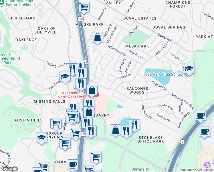 map of restaurants, bars, coffee shops, grocery stores, and more near 4701 Balcones Woods Drive in Austin
