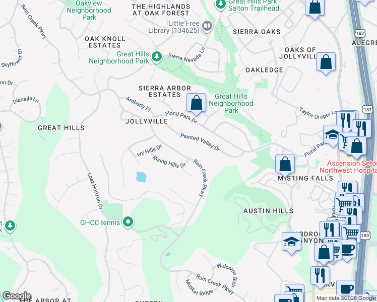 map of restaurants, bars, coffee shops, grocery stores, and more near 5803 Rain Creek Parkway in Austin